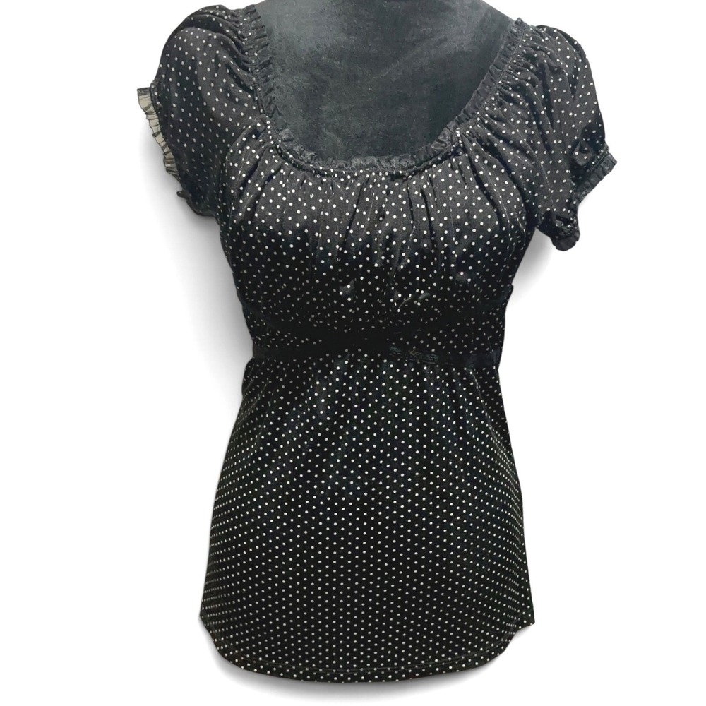 Black White Polka Dot Babydoll Top Ruffle Scoop Neck Short Sleeve Empire Waist